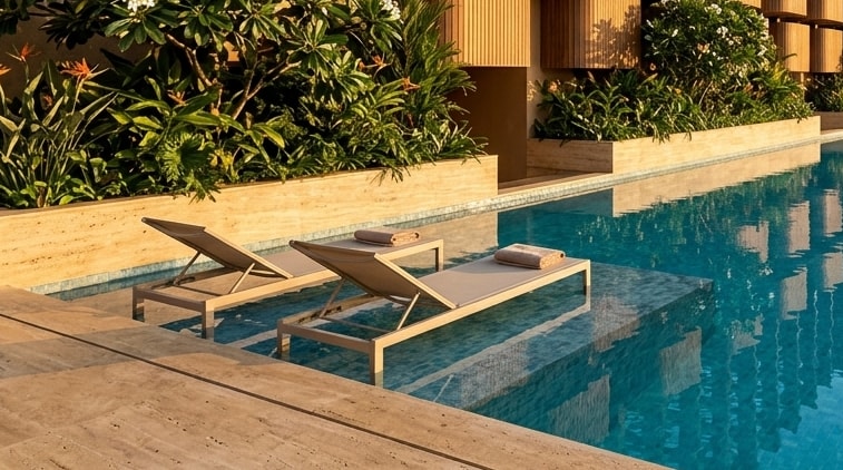 Travertine Sundeck & Teak Loungers